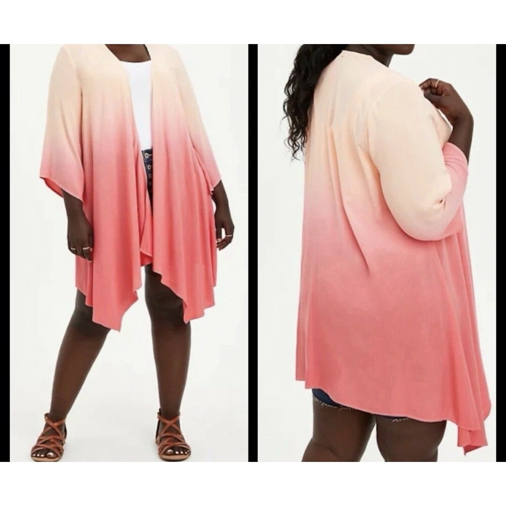 Torrid Pink Coral Ombre Kimono Cardigan Chiffon Drape Front Woven